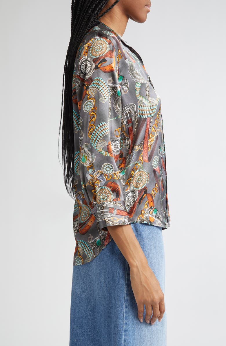 L'AGENCE Dani Three-Quarter Sleeve Silk Button-Up Shirt, Alternate, color, Multi Western Belt Print