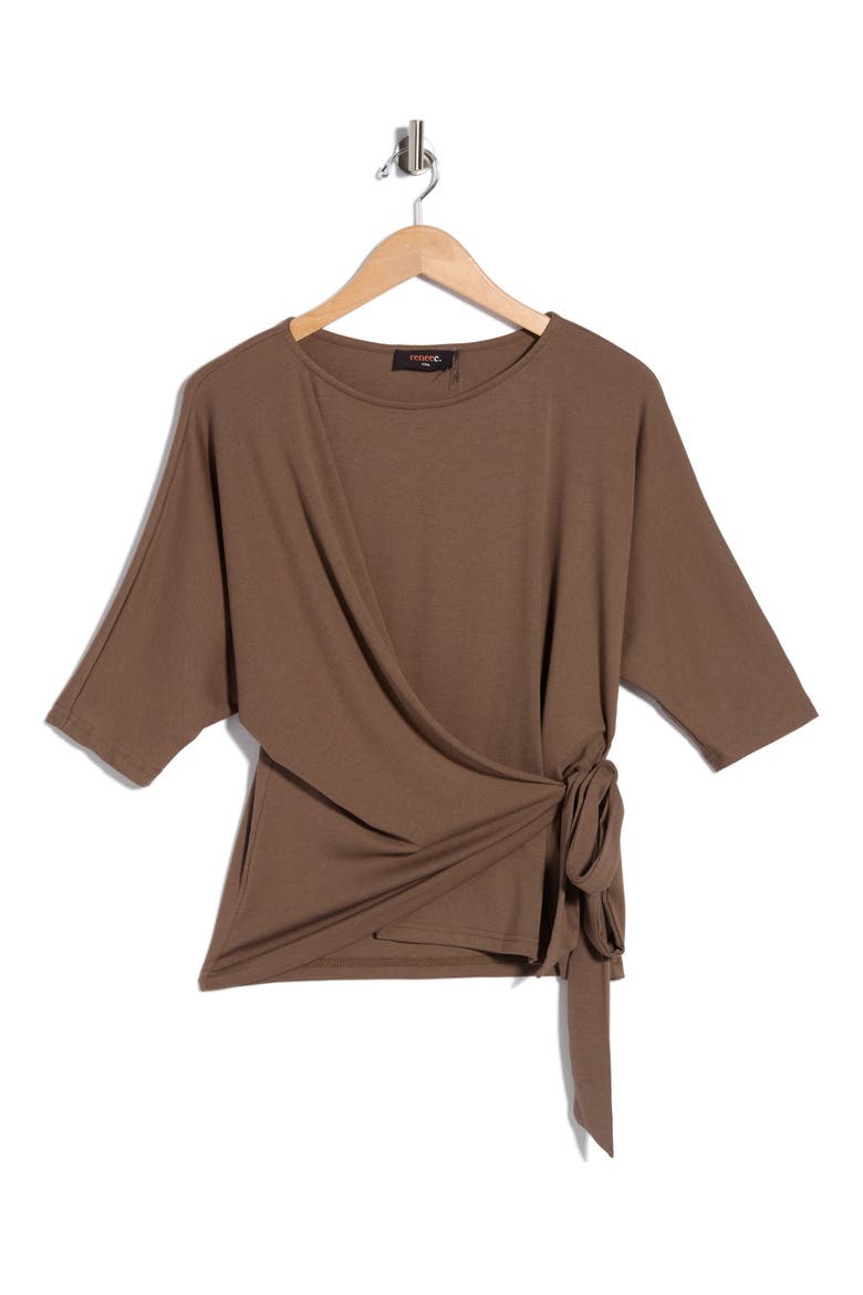 Side Tie Three-Quarter Sleeve Top, Alternate, color, BROWN