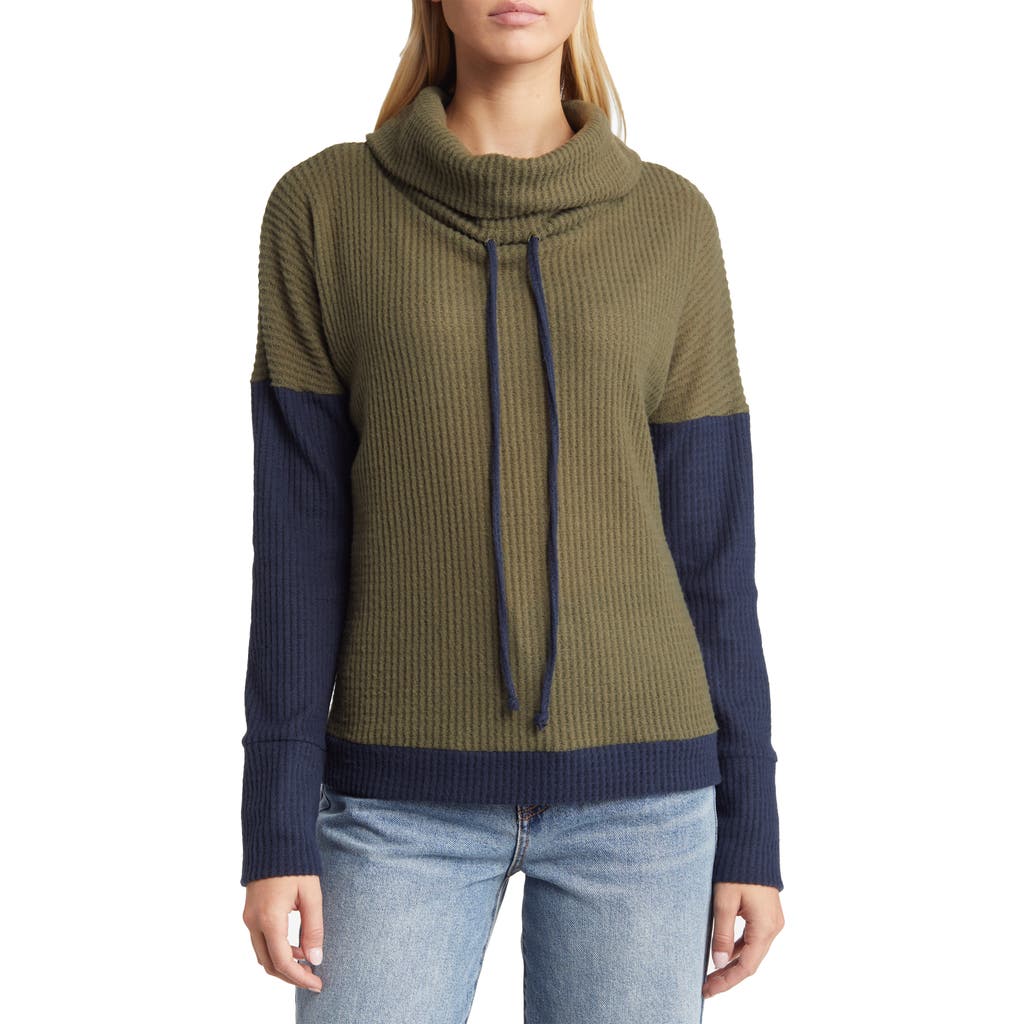 Loveappella Cowl Neck Waffle Knit Pullover in Olive Navy at Nordstrom, Size Large