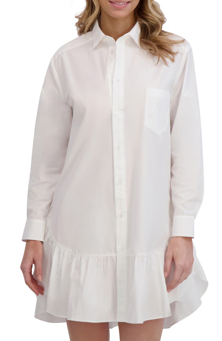 Ted Baker Ruffle Hem Long Sleeve Cotton Shirtdress, Alternate, color, Ultra White