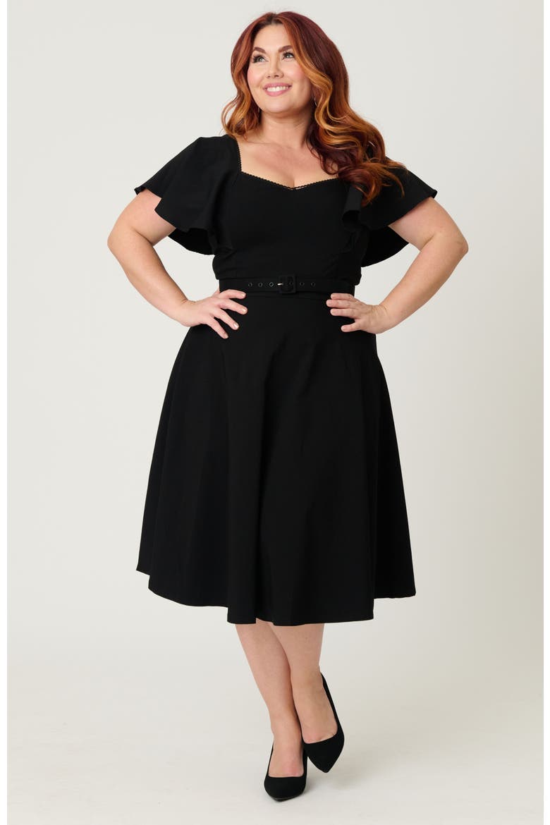 Plus Size Flutter Sleeve Belted Swing Dress, Main, color, Solid Black