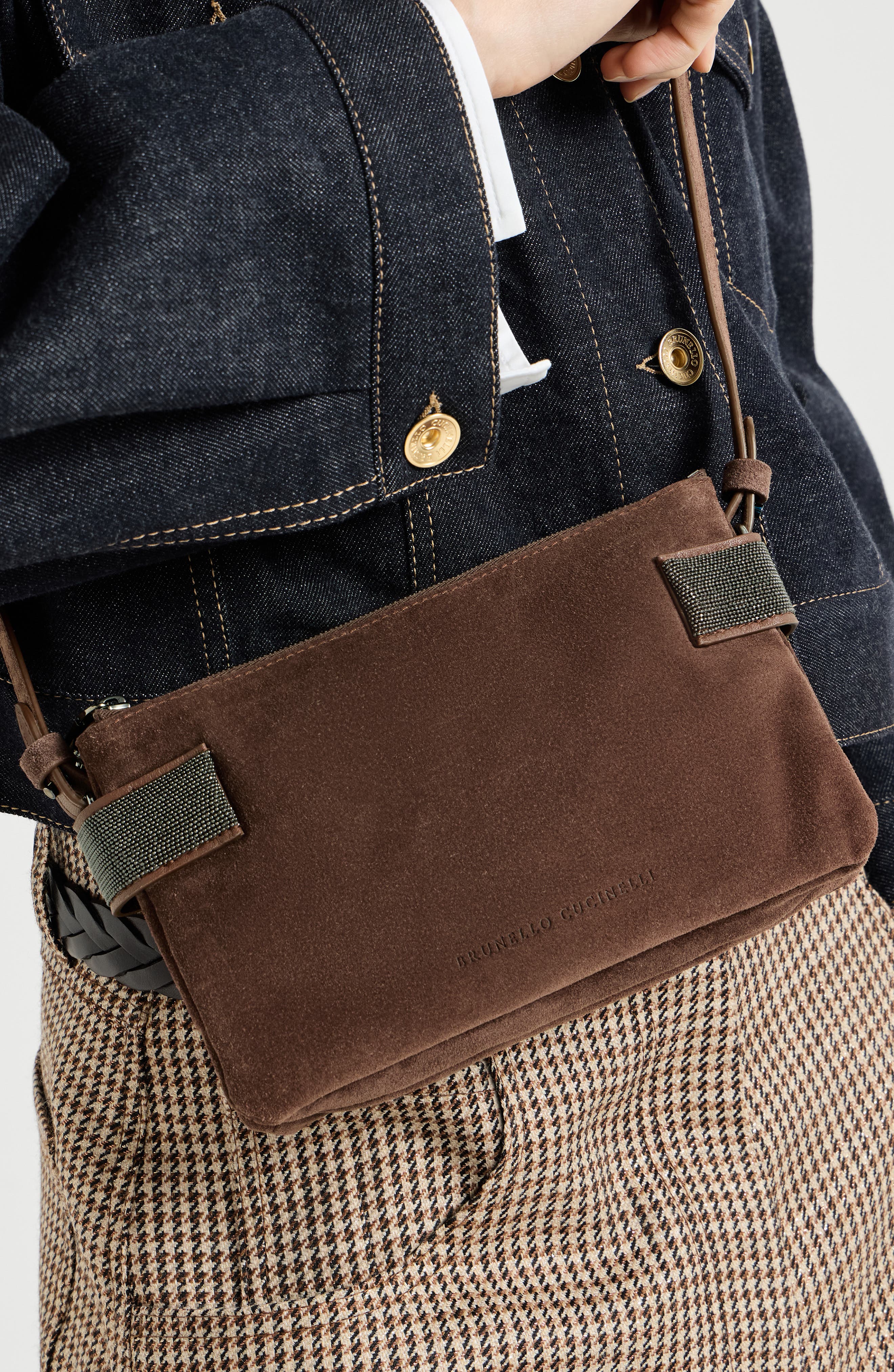 Essence mini shoulder bag in suede with precious bands, Alternate, color, Burgundy