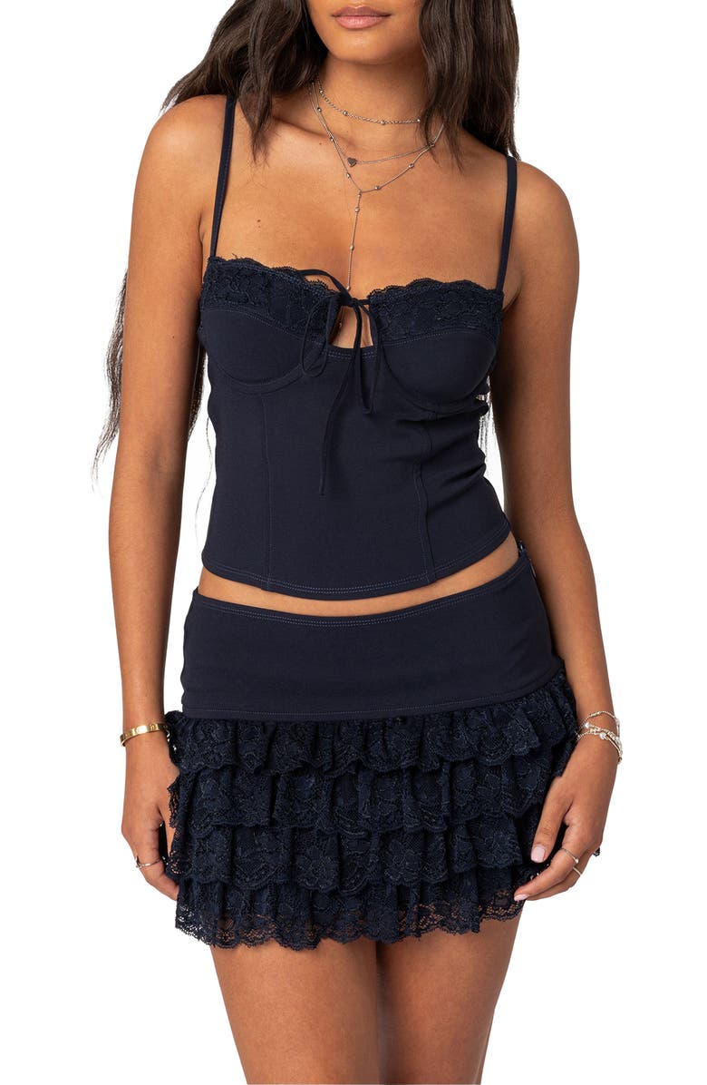 EDIKTED Maisie Lacey Cupped Corset, Main, color, Navy