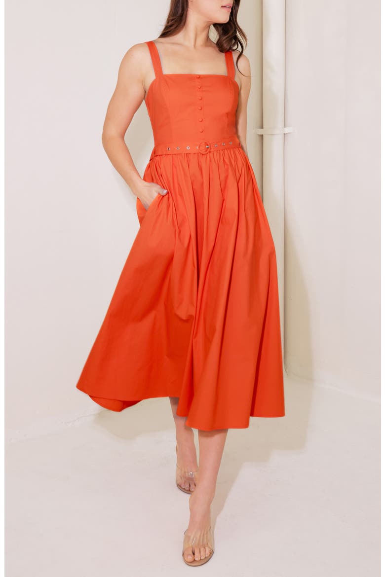 Belted Cotton Midi Dress, Alternate, color, TOMATO