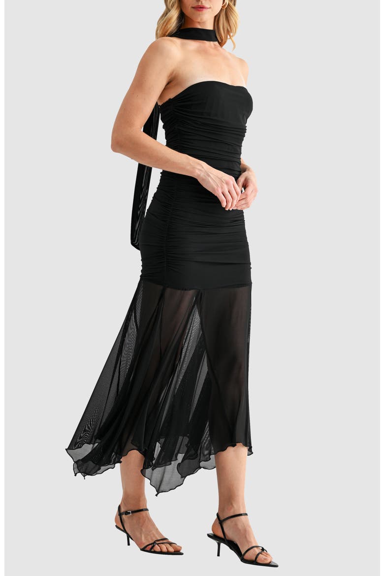 Ruched Drop Waist Midi Dress with Scarf, Alternate, color, BLACK