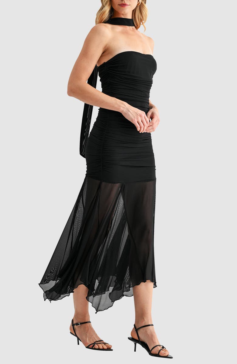 All in Favor Ruched Drop Waist Midi Dress with Scarf, Alternate, color, Black