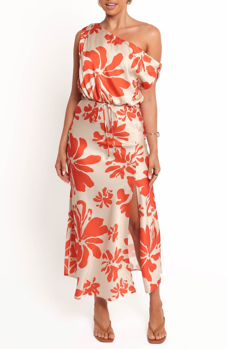 Petal & Pup Ana Floral One-Shoulder Satin Midi Dress, Main, color,