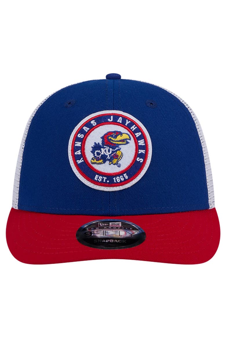 Men's New Era Royal Kansas Jayhawks Throwback Circle Patch 9FIFTY Trucker Snapback Hat, Alternate, color, Royal