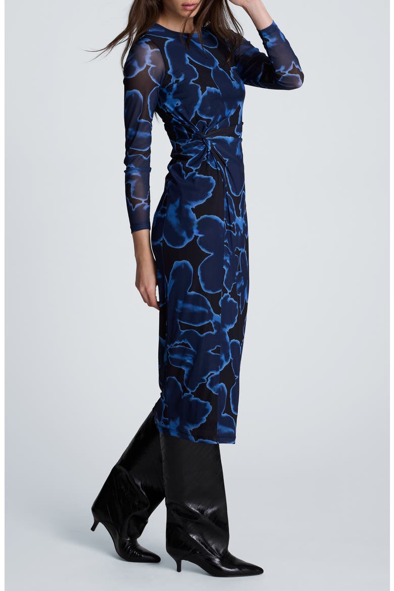 Knot Front Mesh Midi Dress, Alternate, color, BLACK MULTI