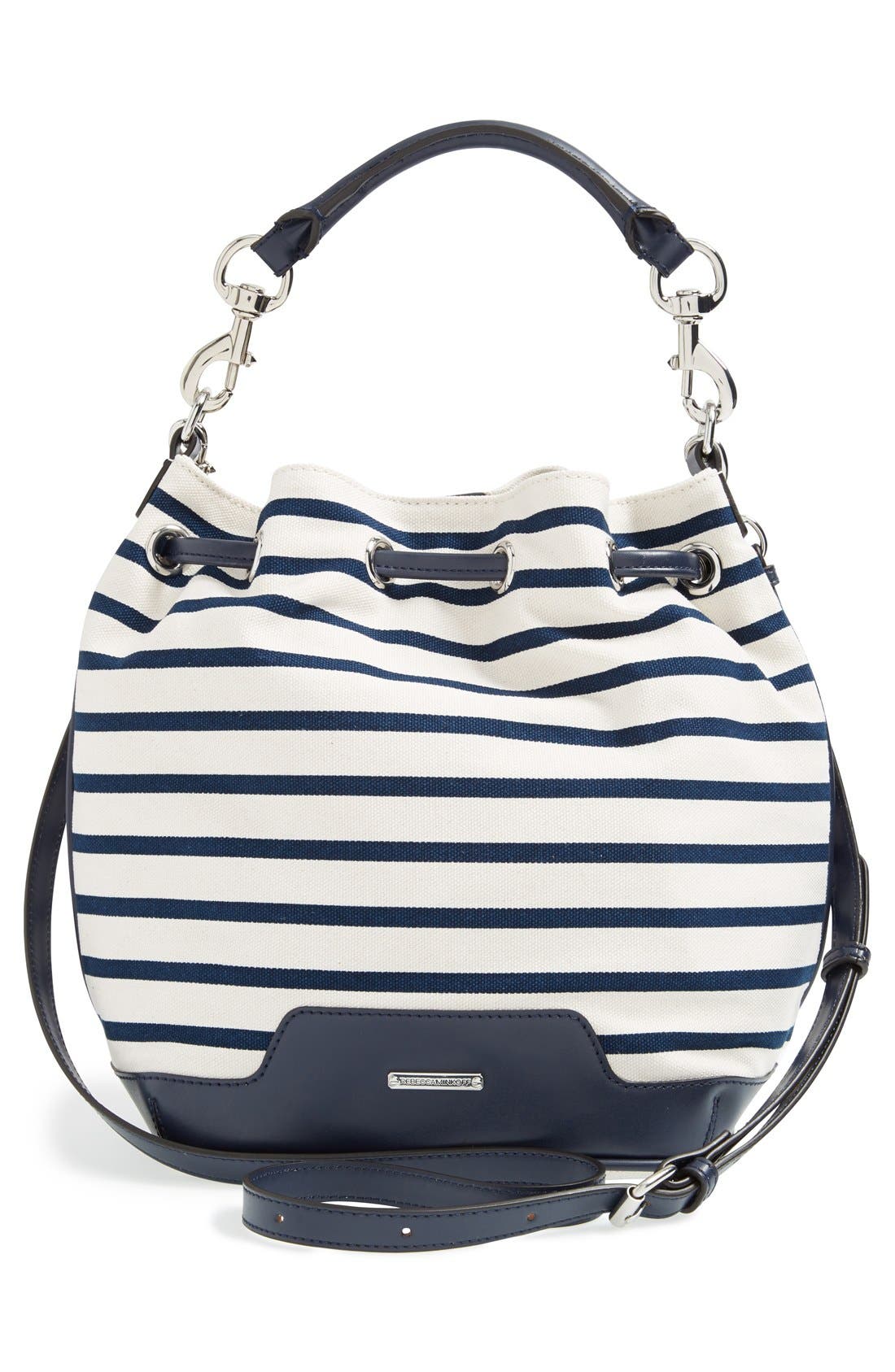 'Fiona' Bucket Bag, Alternate, color, NAVY STRIPE/ SILVER