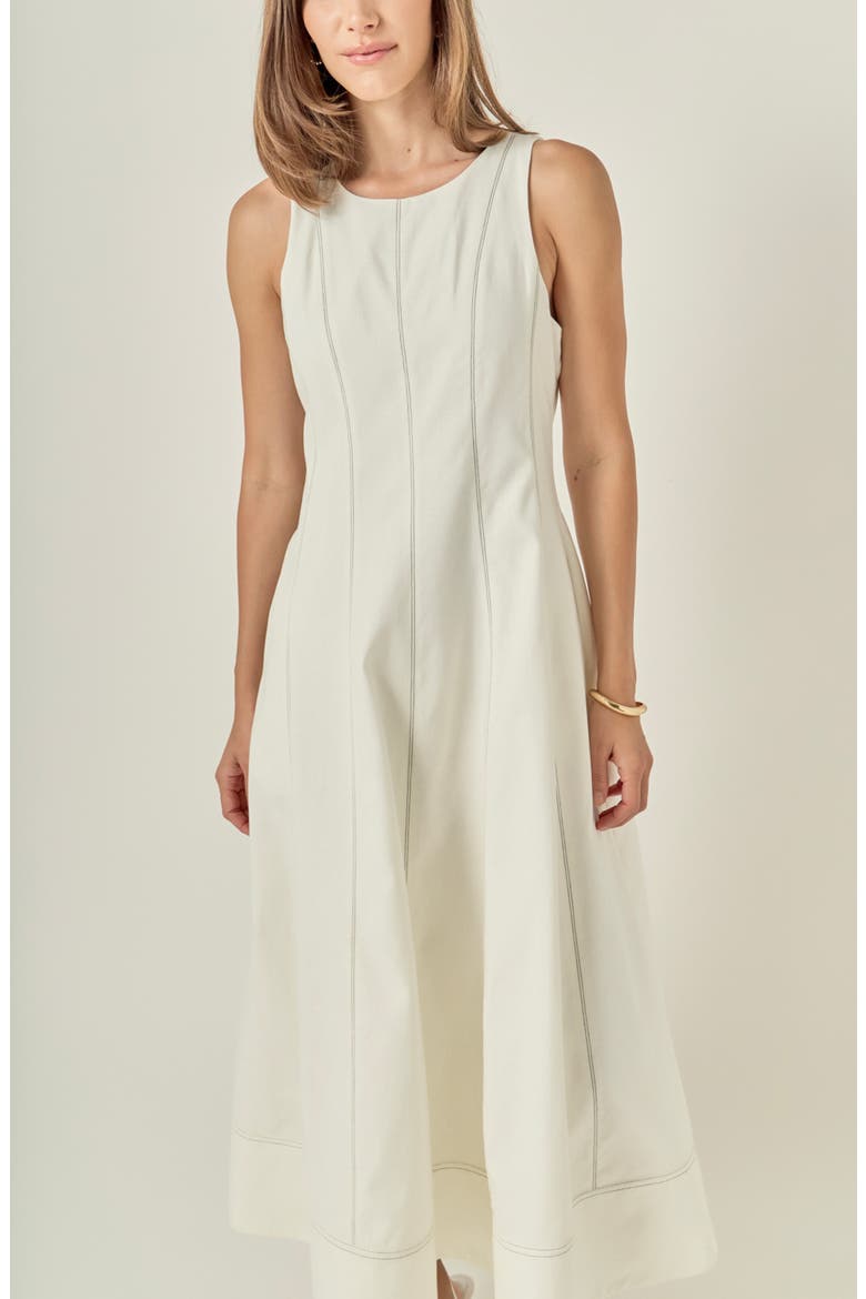 Stitch Detail Linen Midi Dress, Alternate, color, WHITE/ BLACK