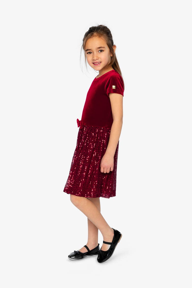 Bi-Material Short Sleeve Bow Belt Glittering Skirt Dress, Alternate, color, Rouge