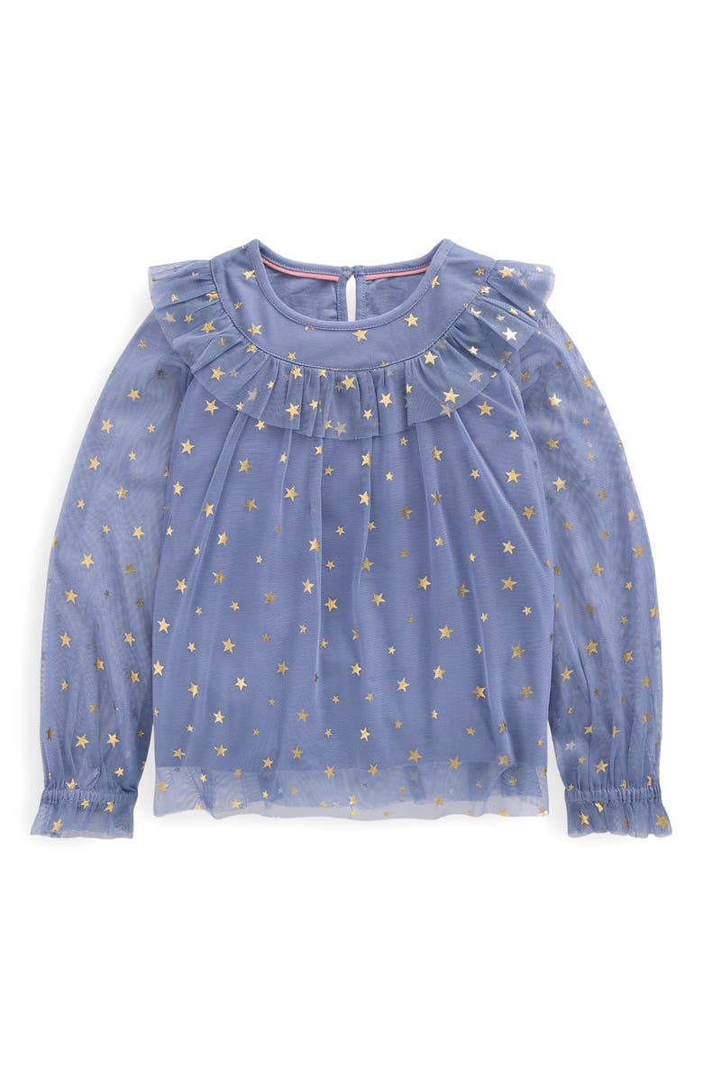 Mini Boden Kids' Foil Star Tulle Top, Main, color, Stormbolt Blue Stars