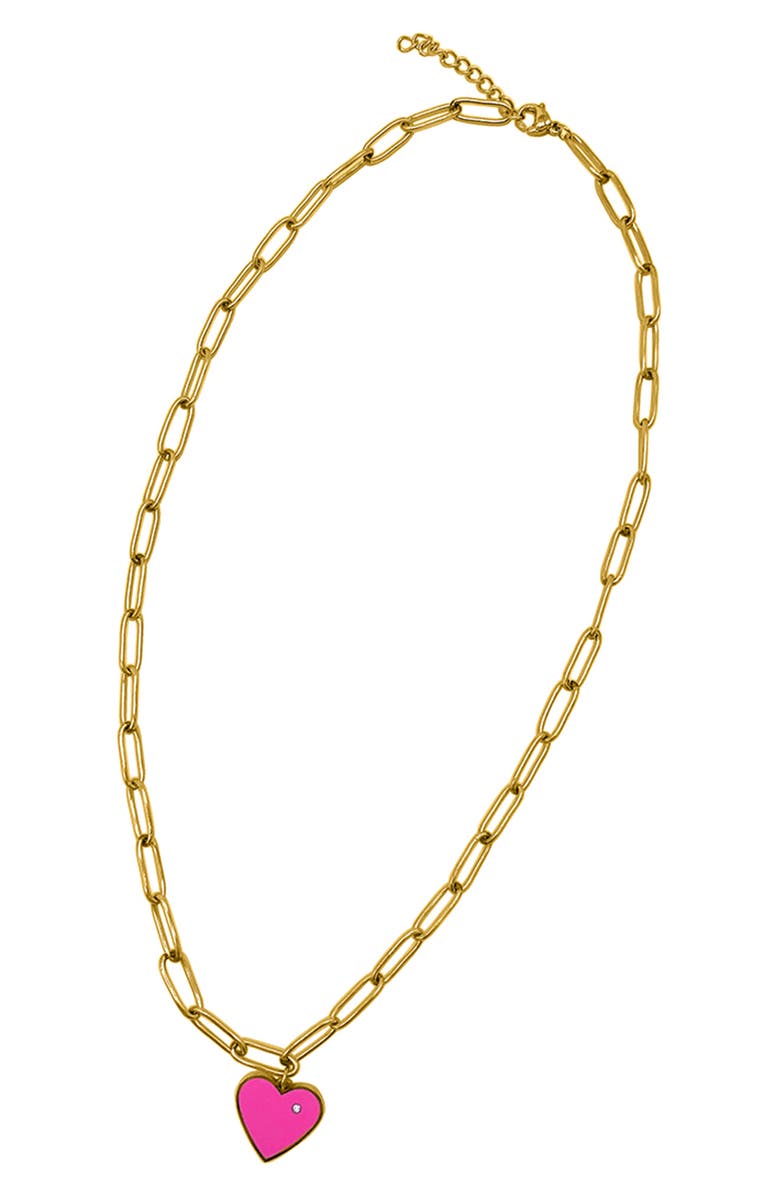 Adornia Water Resistant 14K Yellow Gold Plated Paperclip Chain Pink Enamel Heart Pendant Necklace, Main, color, Pink