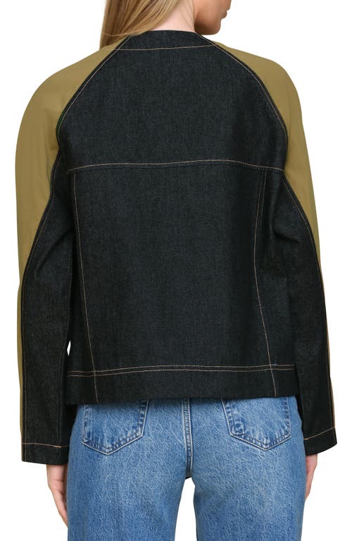 Avec Les Filles Mixed Media Denim Bomber Jacket In Indigo Olive