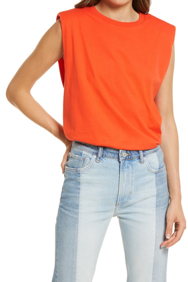 Coni Shoulder Pad Cotton Sleeveless Muscle T-Shirt, Main, color, RIOT RED