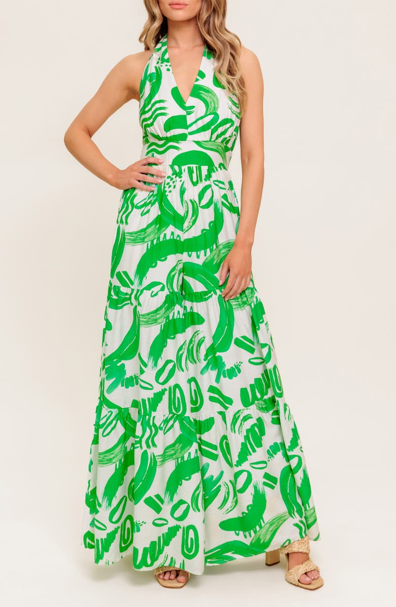 FLYING TOMATO Print Wide Leg Halter Jumpsuit, Alternate, color, Ivory Green