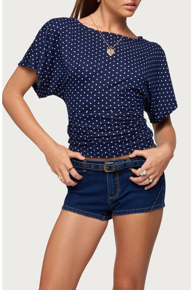 Abriana Polka Dot Ruched Waist Top, Main, color, NAVY-AND-WHITE