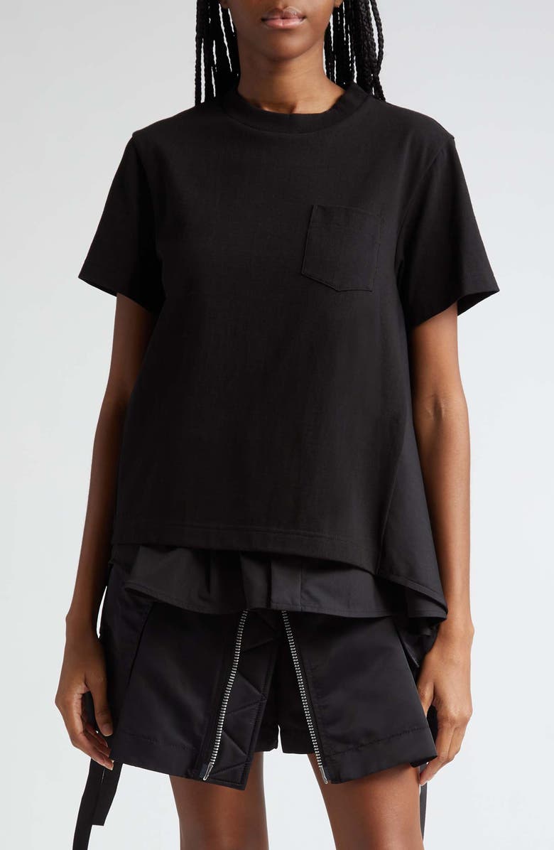 Sacai Mixed Media Cotton Poplin & Jersey Top, Main, color, 