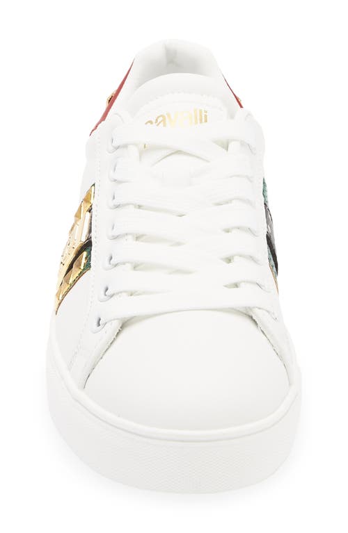 Roberto Cavalli Snake Embossed Pyramid Stud Tennis Shoe In White