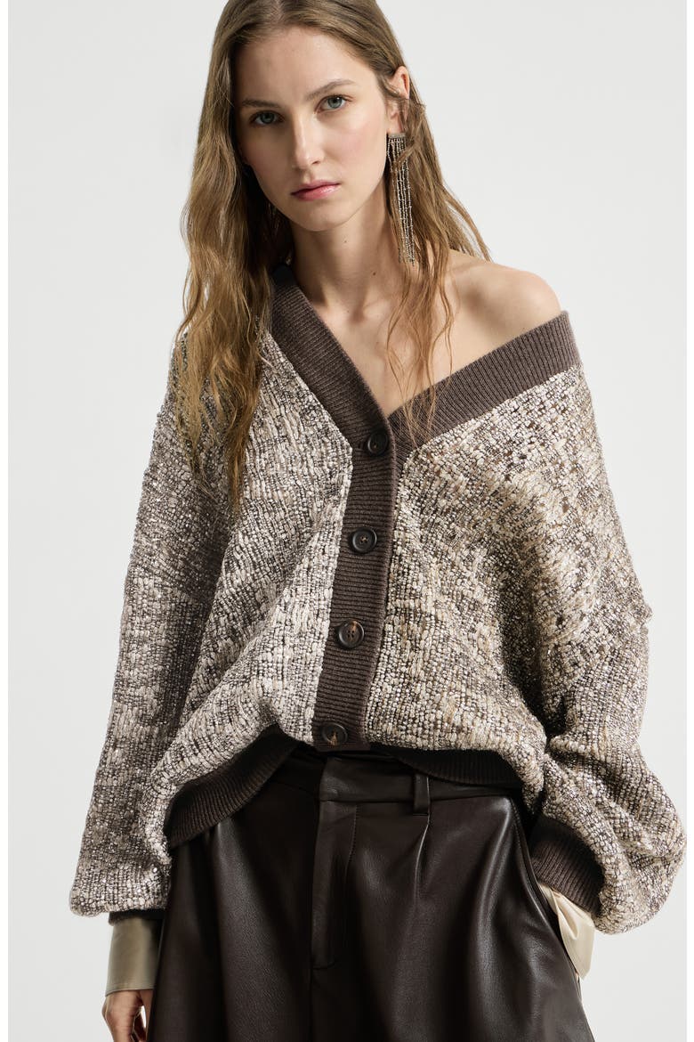 Dazzling craquelé embroidery cardigan in mohair and wool, Alternate, color, Silver