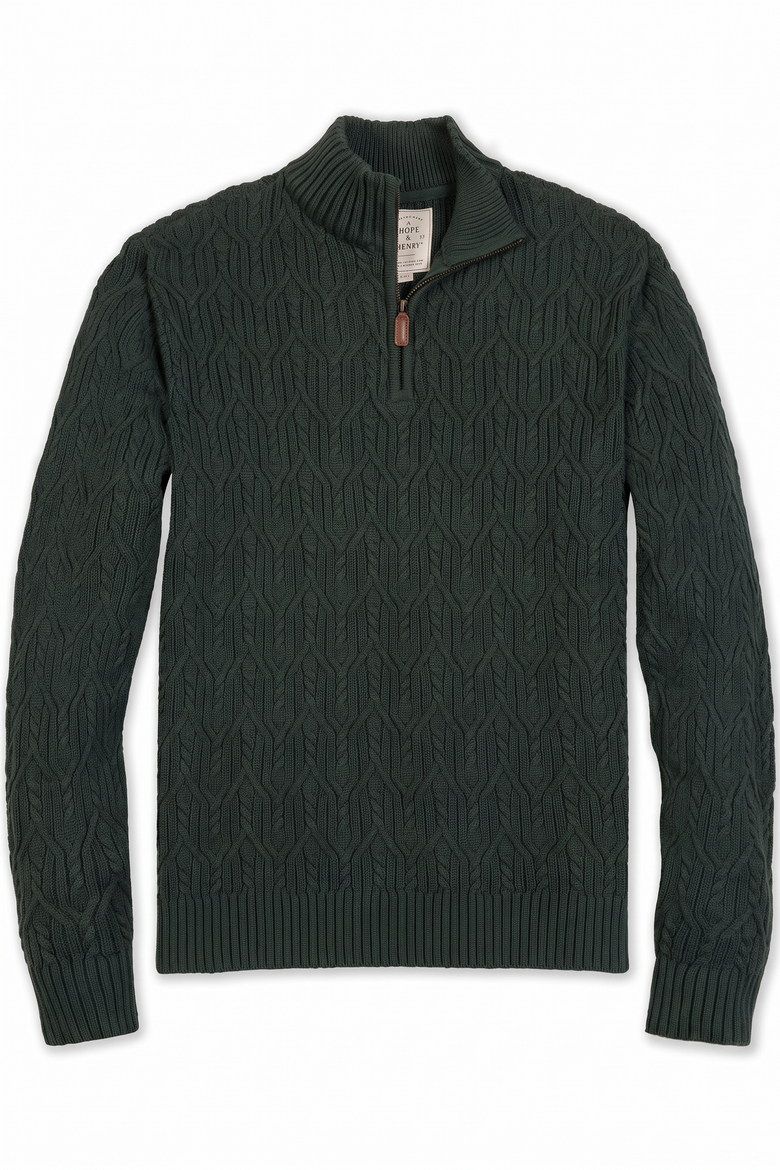 Men's Organic Cotton Cable Knit Half Zip Sweater, Alternate, color, Forest Green Heather