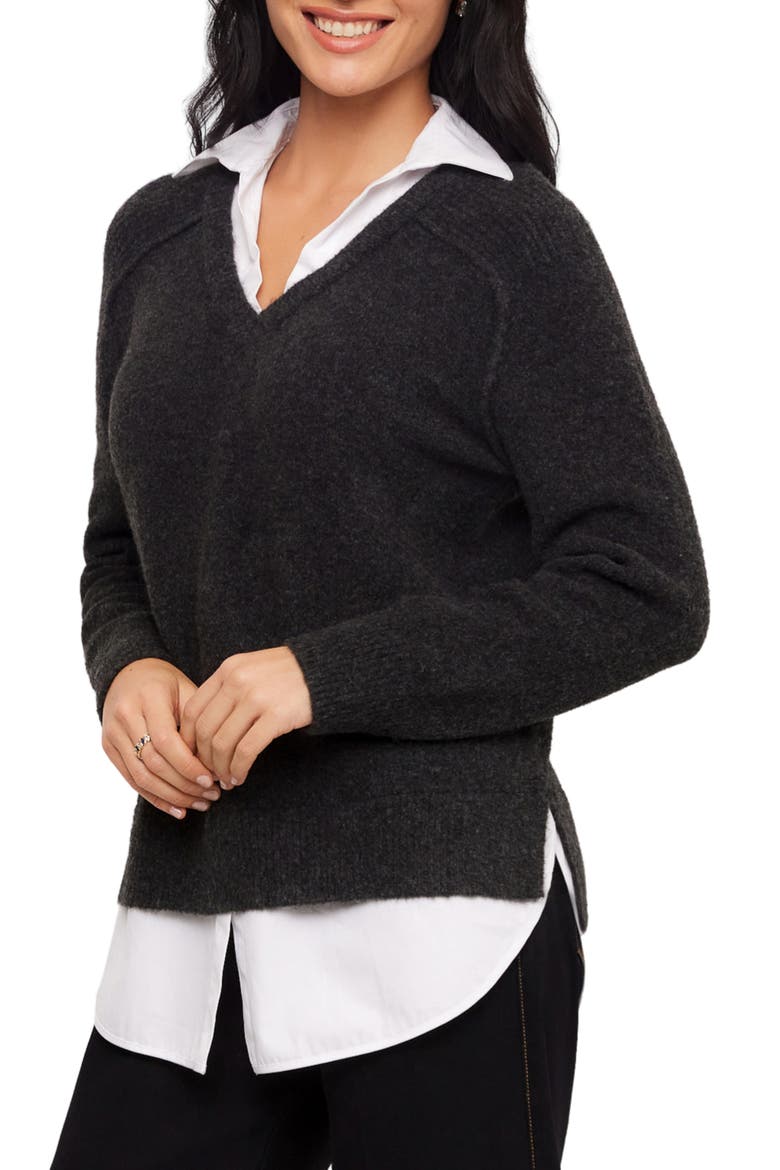 Layered V-Neck Sweater, Alternate, color, CHARCOAL