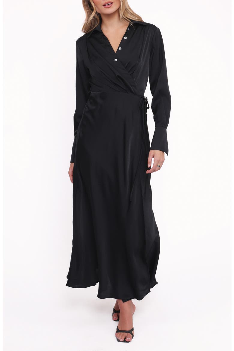 Verna Long Sleeve Wrap Maxi Shirtdress, Main, color, BLACK