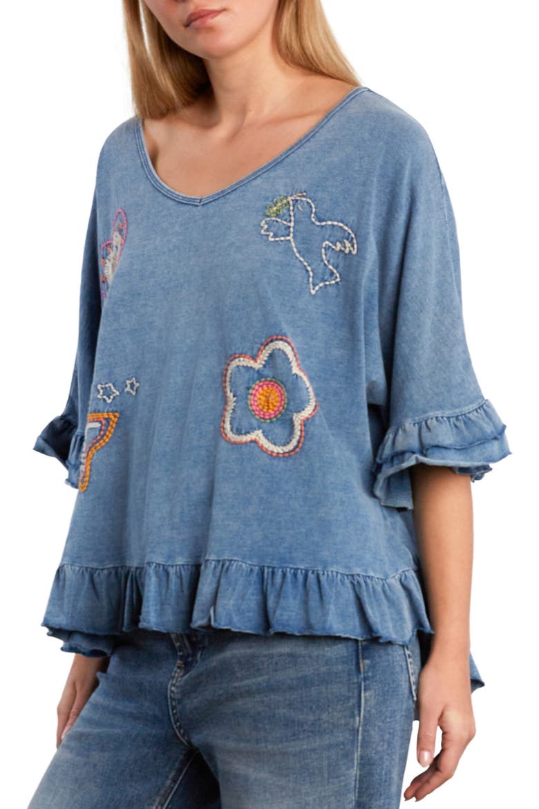 Worry Free Embroidered Ruffle Cotton Top, Alternate, color, DENIM KNIT