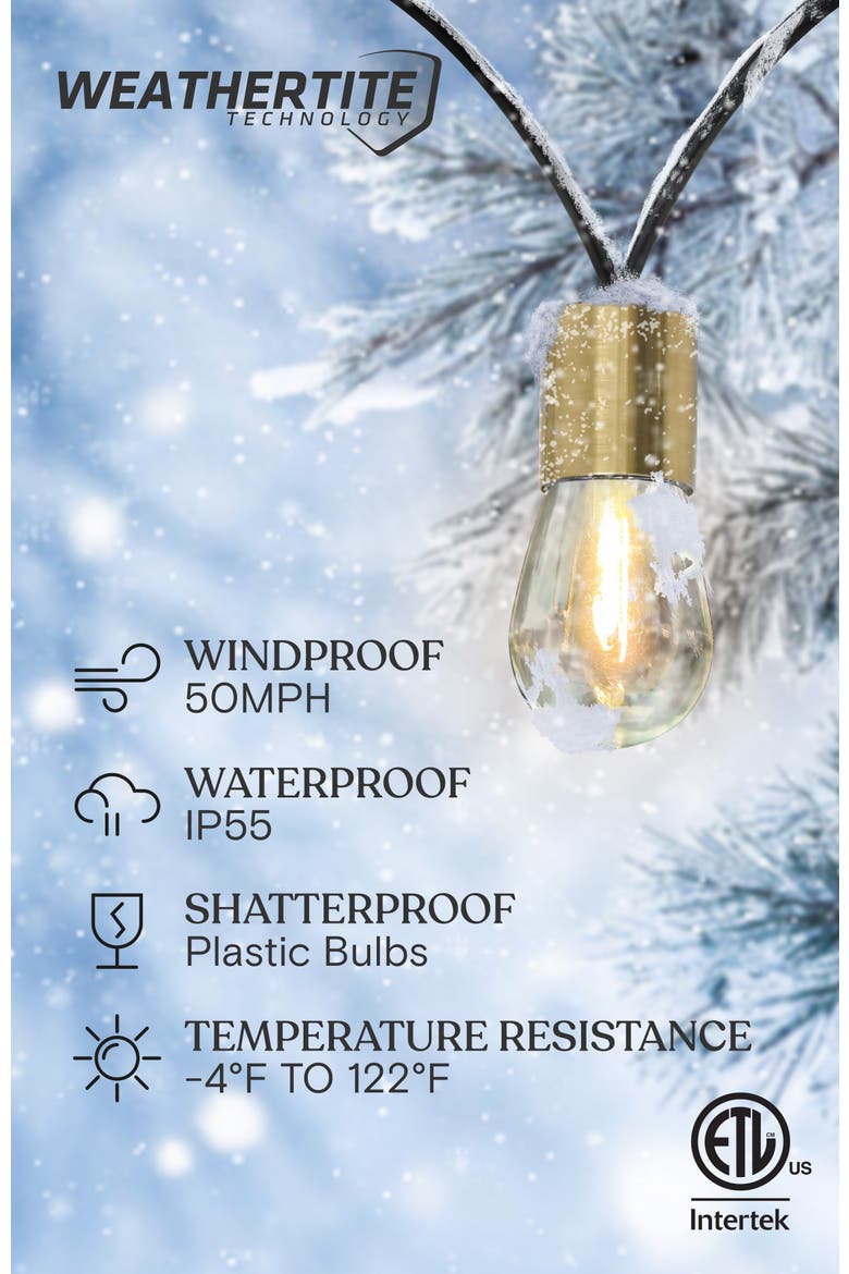 28 ft, 12 Light Solar Powered Heavy Duty LED Outdoor String Lights, Gold Accent Brass Socket, Weatherproof Bulbs, Alternate, color, 28 ft 12 Bulbs | Warm White