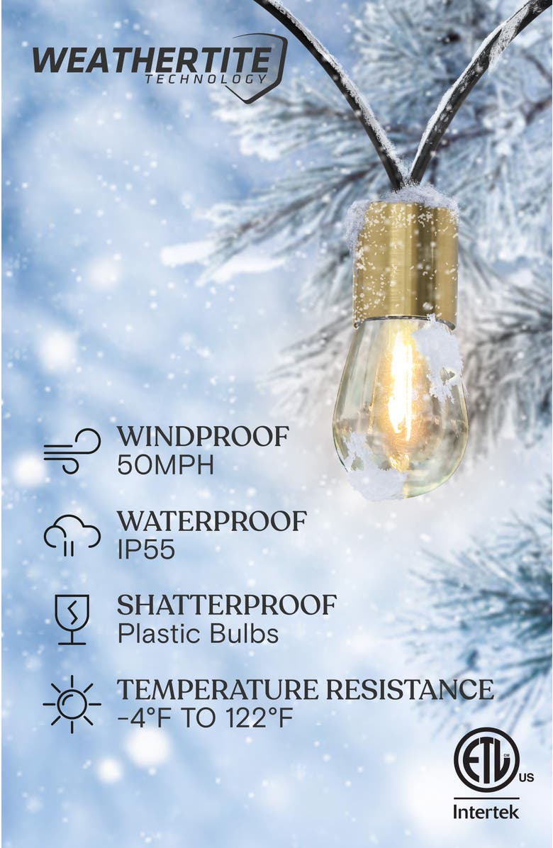 Brightech 28 ft, 12 Light Solar Powered Heavy Duty LED Outdoor String Lights, Gold Accent Brass Socket, Weatherproof Bulbs, Alternate, color, 28 Ft 12 Bulbs | Warm White