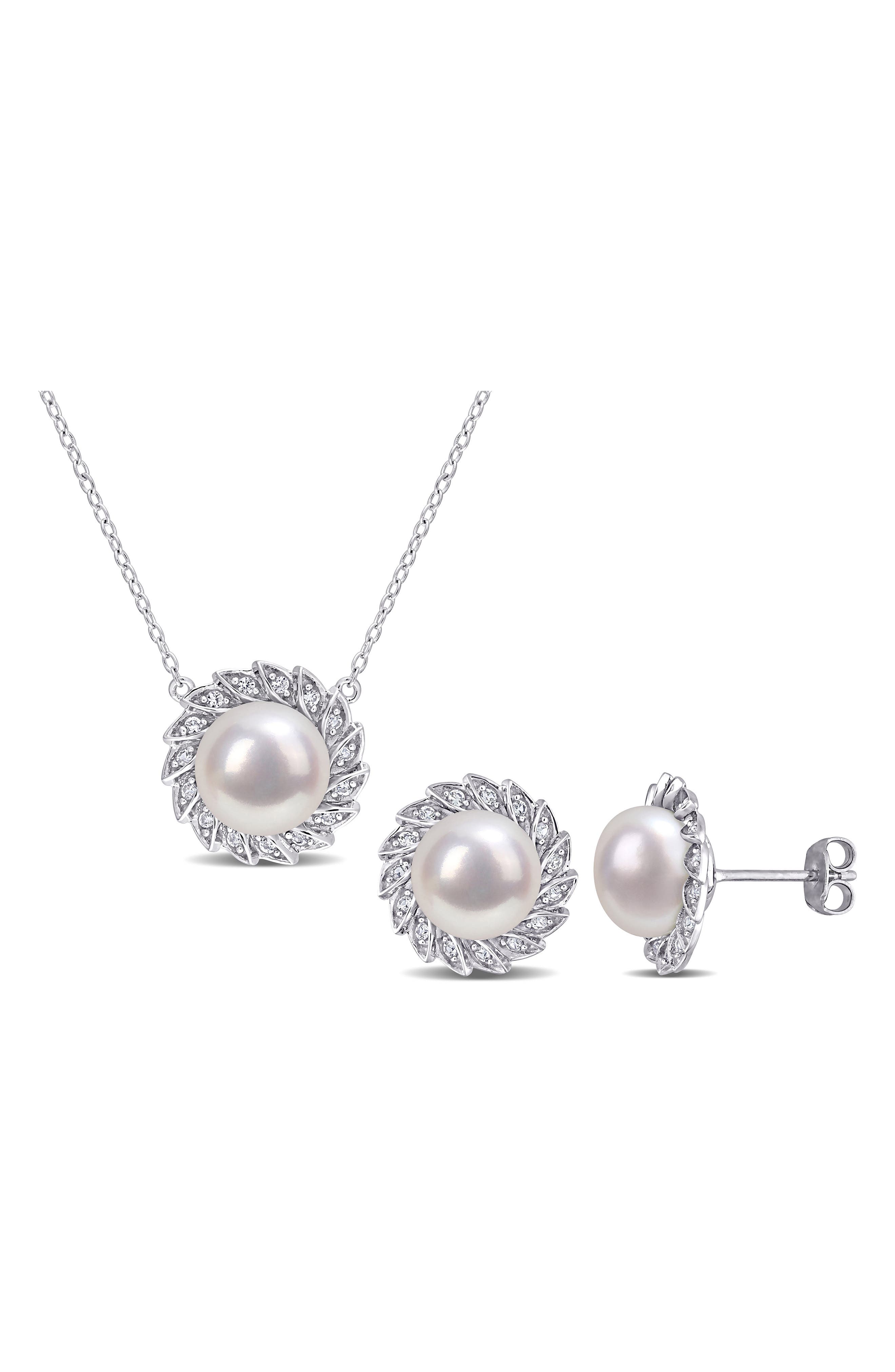 DELMAR Cultured Freshwater Pearl & Lab Created White Sapphire Necklace & Stud Earrings Set