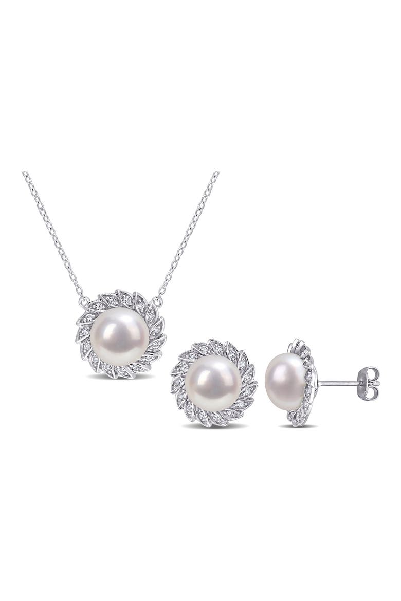 Cultured Freshwater Pearl & Lab Created White Sapphire Necklace & Stud Earrings Set, Main, color, WHITE
