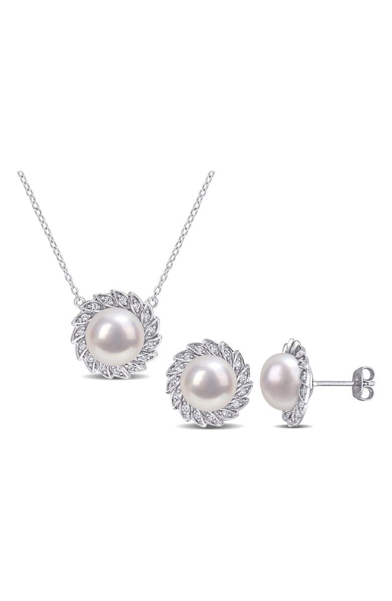 DELMAR Cultured Freshwater Pearl & Lab Created White Sapphire Necklace & Stud Earrings Set, Main, color, White