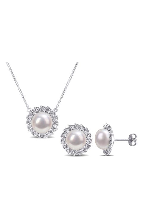 Cultured Freshwater Pearl & Lab Created White Sapphire Necklace & Stud Earrings Set