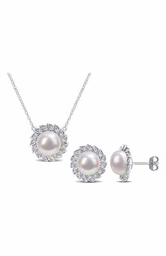 DELMAR Cultured Freshwater Pearl & Lab Created White Sapphire Necklace & Stud Earrings Set