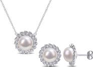 DELMAR Cultured Freshwater Pearl & Lab Created White Sapphire Necklace & Stud Earrings Set
