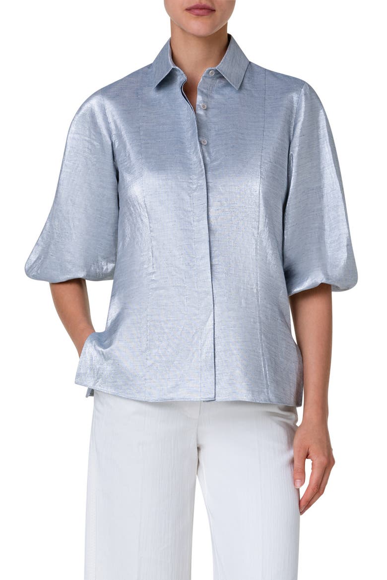 Metallic Puff Sleeve Button-Up Shirt, Main, color, SILVER BLUE