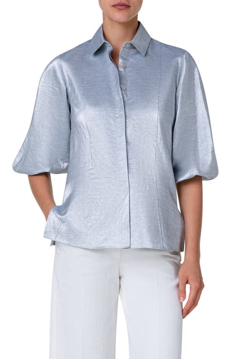 Metallic Puff Sleeve Button-Up Shirt