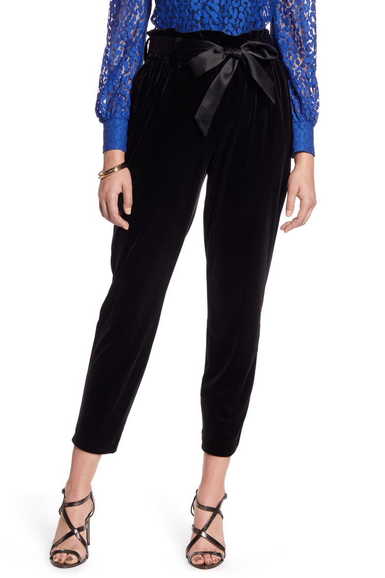 Paperbag Waist Velour Ankle Pants, Main, color, BLACK