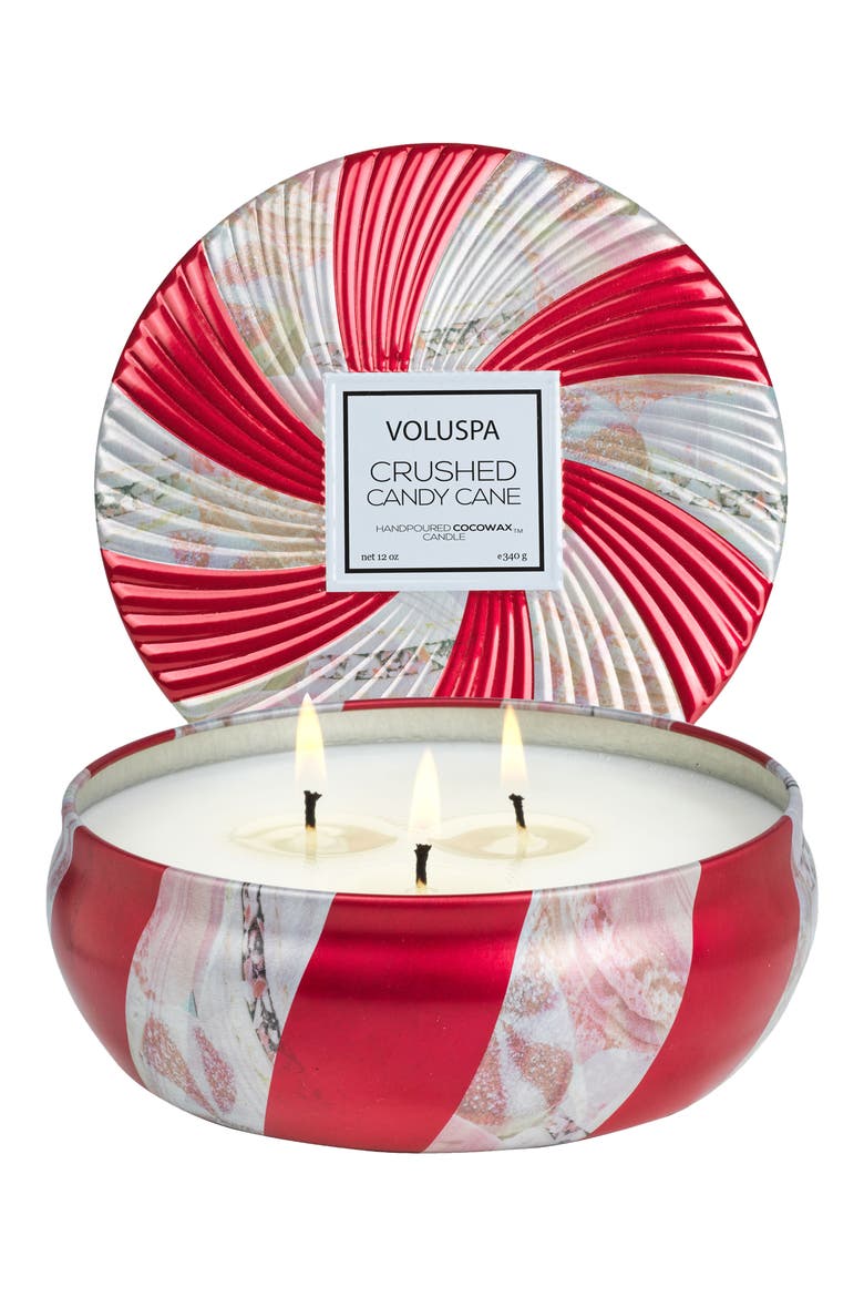 Crushed Candy Cane 3-Wick Decorative Tin Candle (Limited Edition), Alternate, color, RED & WHITE