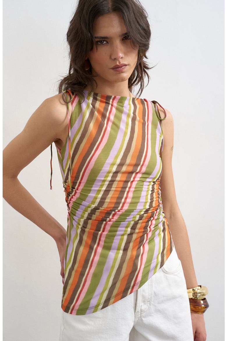Stripe Ruched Tie Shoulder Asymmetric Hem Top, Main, color, ORANGE