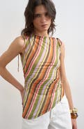 Topshop Stripe Ruched Tie Shoulder Asymmetric Hem Top