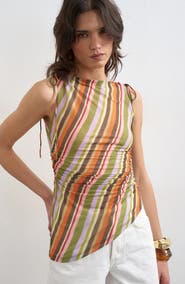 Topshop Stripe Ruched Tie Shoulder Asymmetric Hem Top