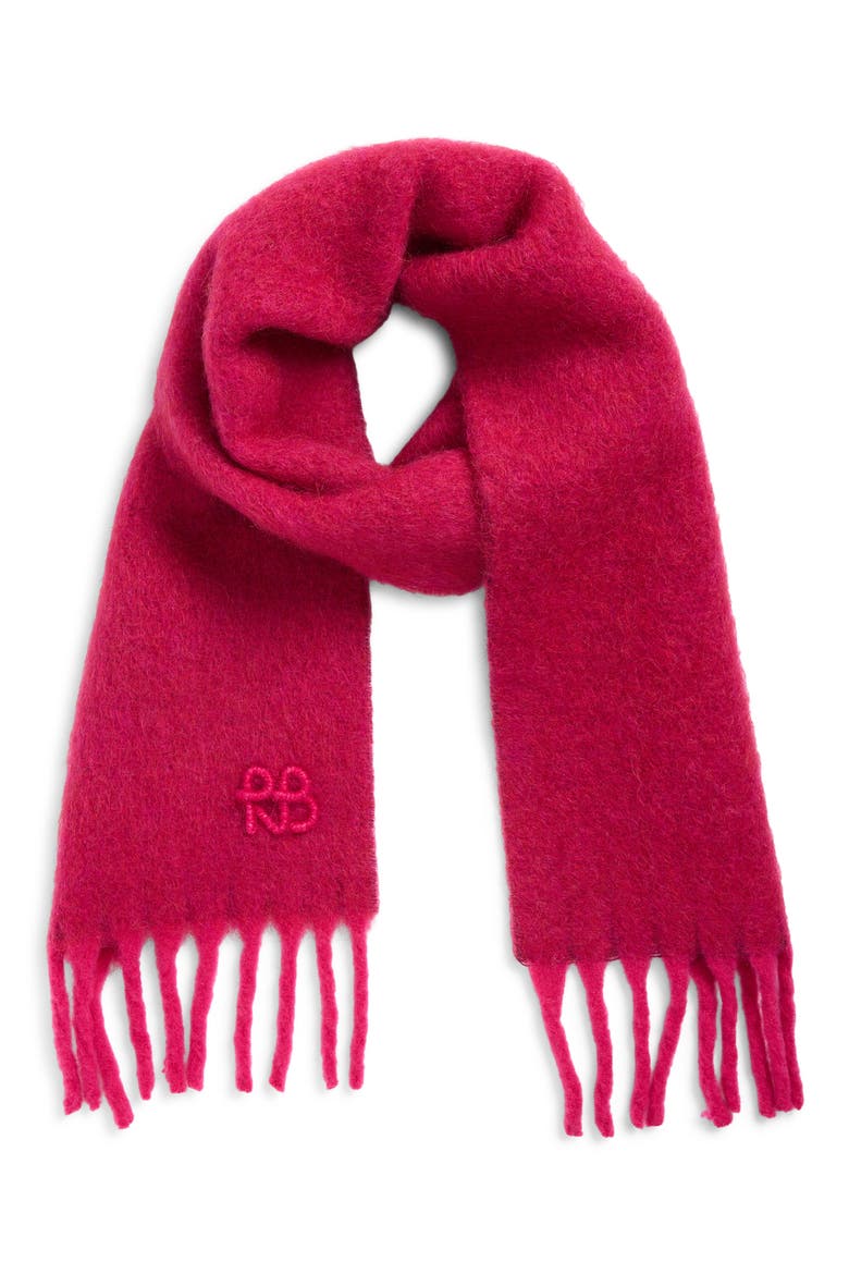Monogram Embroidered Wool Blend Fringe Scarf, Alternate, color, PINK