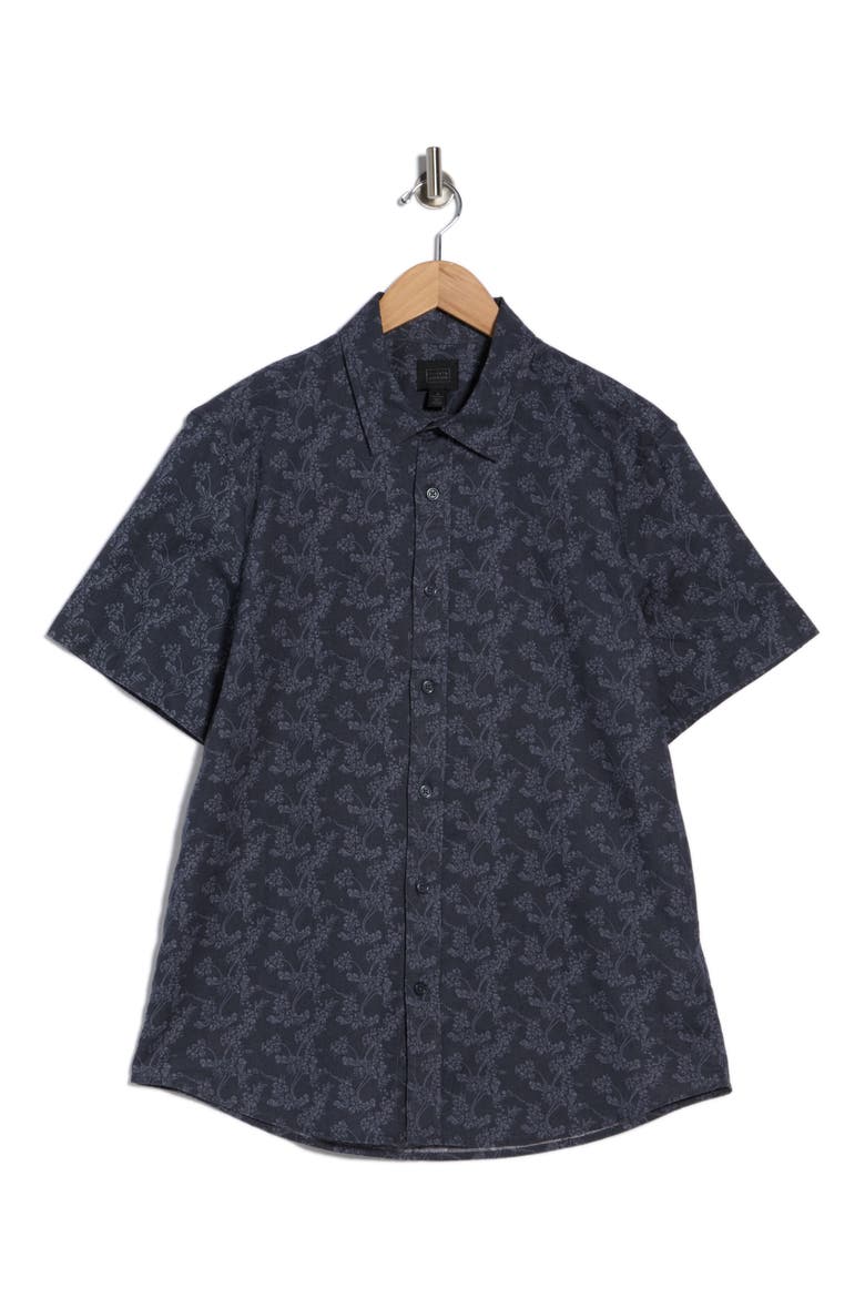 Floral Print Short Sleeve Linen & Cotton Button-Up Shirt, Alternate, color, NAVY SCROLLING FLEUR