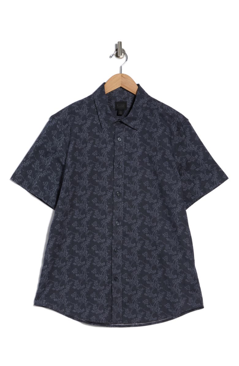 14th & Union Print Short Sleeve Linen & Cotton Blend Button-Up Shirt, Alternate, color, Navy Scrolling Fleur
