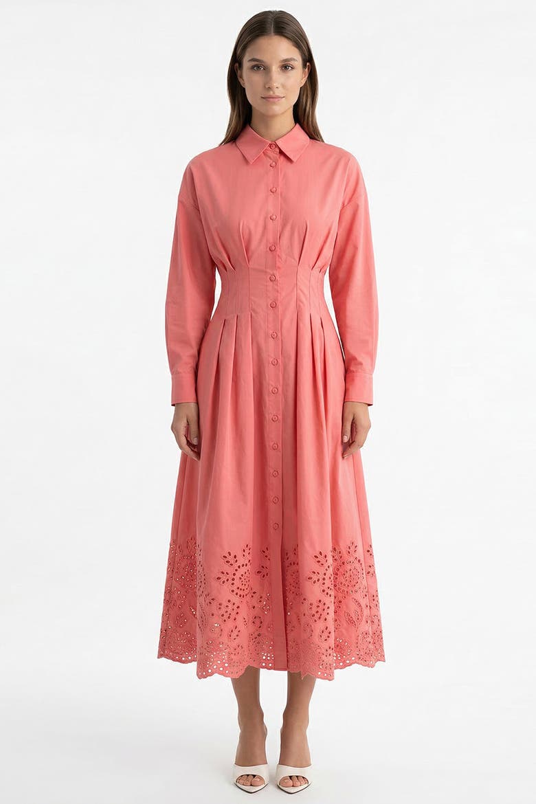 Faun Shirt Collar Long Sleeve Embroidered Midi Dress, Alternate, color, Pink