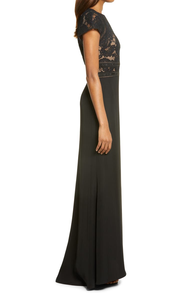 Lace & Crepe A-Line Gown, Alternate, color, BLACK/ NUDE
