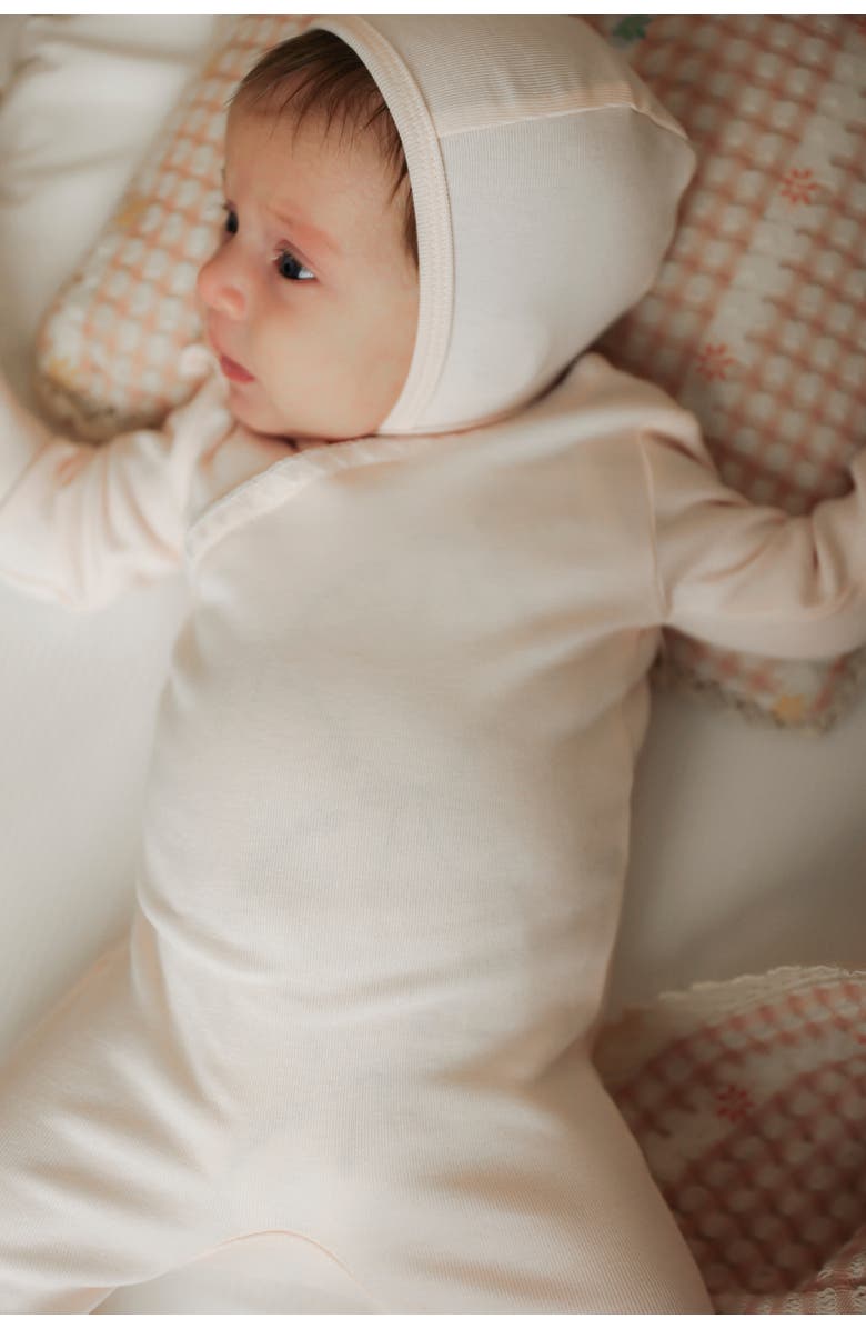 Fragile Boy Rib Modal 2 Piece Romper Set with Contrast Trim Bonnet, Alternate, color, Moonstone Blue